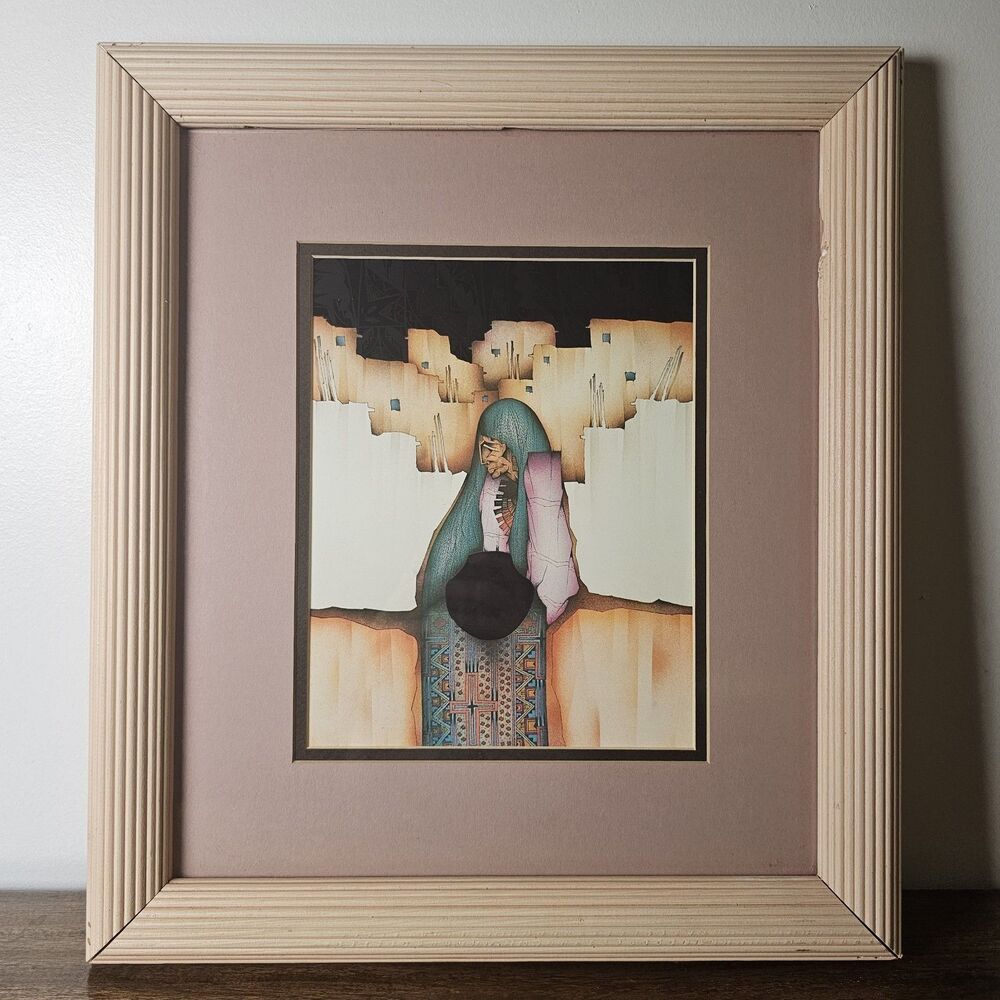 Amado Peña Jr. “San Ildefonso” 1987 Southwestern Art Print in Ribbed Wood Frame